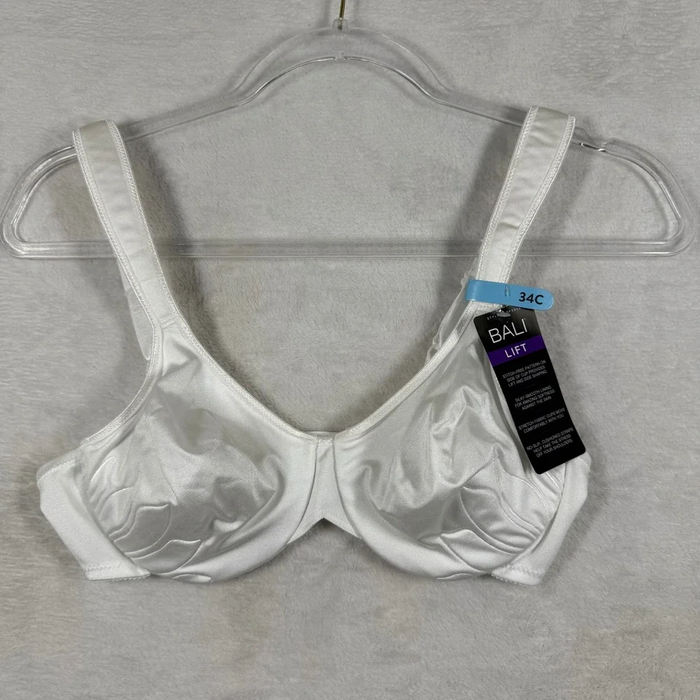 Bali Lift Underwire Bra White 34C Silky Smooth Cushioned Straps DF3353 NEW